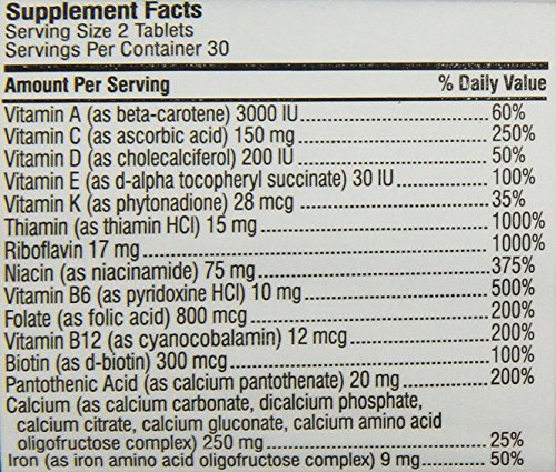 Tabla nutricional del suplemento multivitamínico para mujeres