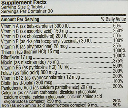 Tabla nutricional del suplemento multivitamínico para mujeres