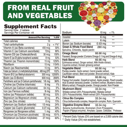 Tabla nutricional y suplemento multivitamínico VEGEPOWER.