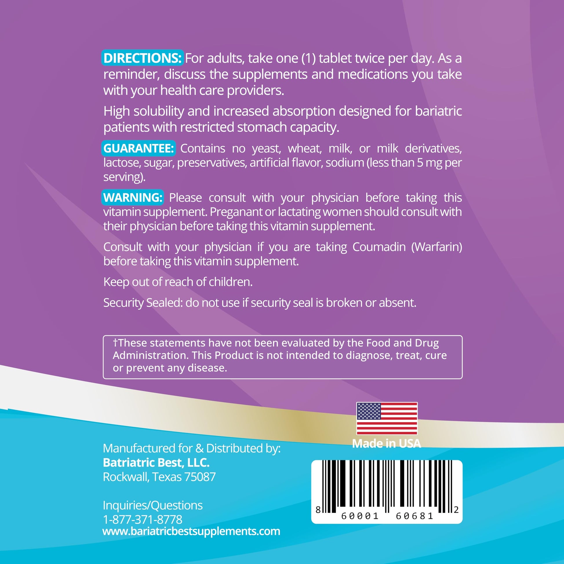 tabla de nutrientes del multivitamínico bariátrico high adek