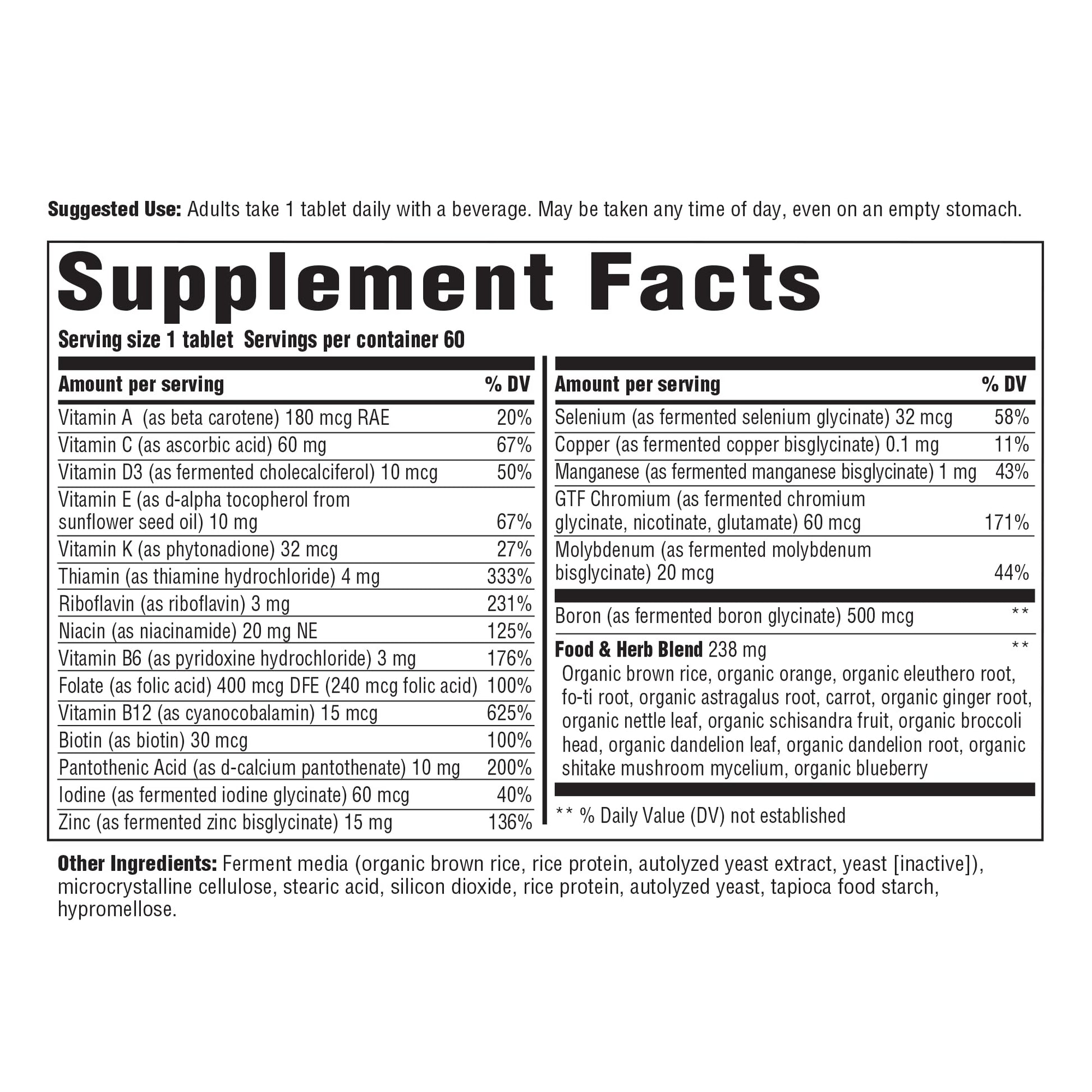 Tabla de nutrientes del suplemento multivitamínico INNATE