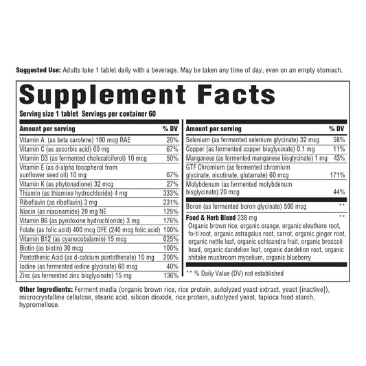 Tabla de nutrientes del suplemento multivitamínico INNATE