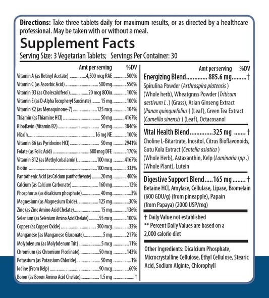 Tabla de nutrientes del Multivitamínico PURE