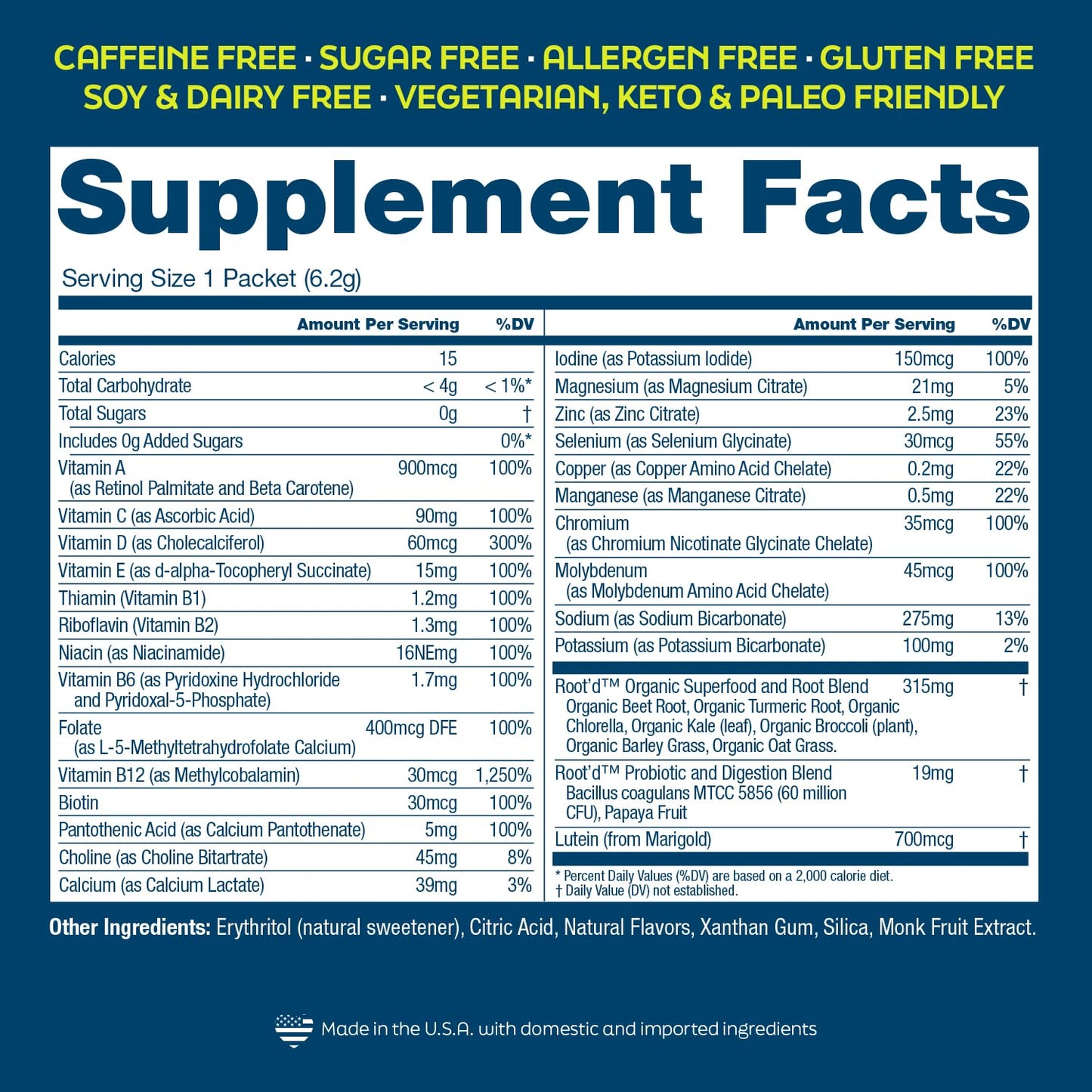 Tabla de nutrientes de Root'd multivitamínicos.