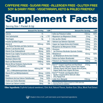 Tabla de nutrientes de Root'd multivitamínicos.