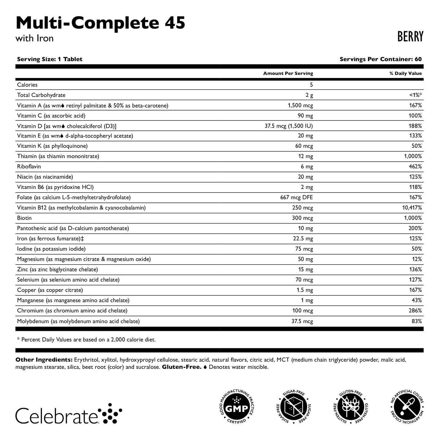 Tabla de nutrientes del suplemento Celebrate