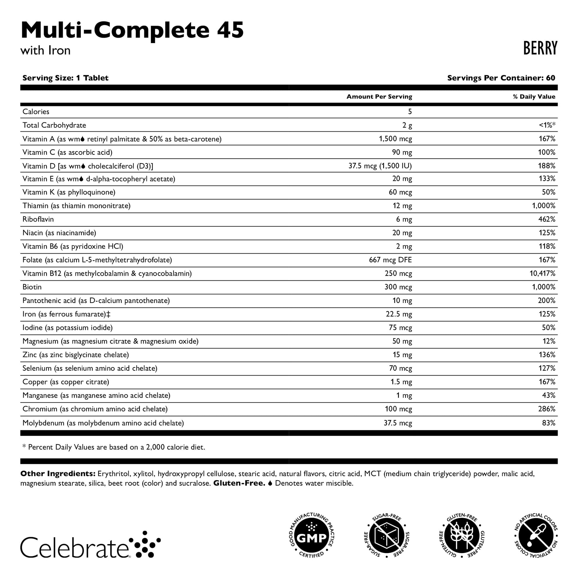 Tabla de nutrientes del suplemento Celebrate