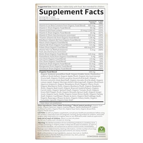 Tabla de información nutrimental del multivitamínico Garden of Life