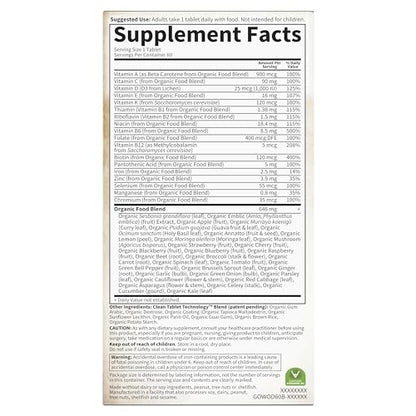 Tabla de información nutrimental del multivitamínico Garden of Life
