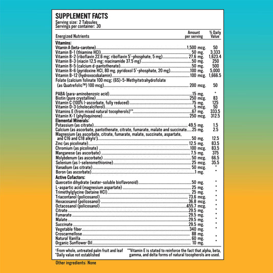 Tabla de suplementos con 40 nutrientes esenciales de Energized Multi+