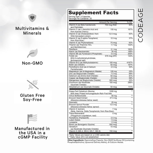 Tabla de suplementos Codeage Multivitamin Recovery Elite Max