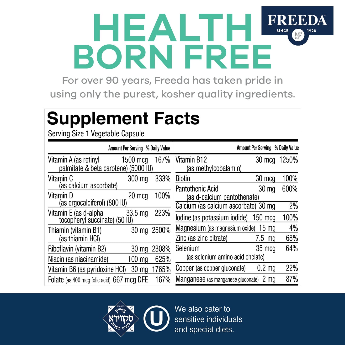 Tabla de suplementos de multivitamina FREEDA Quintabs-M