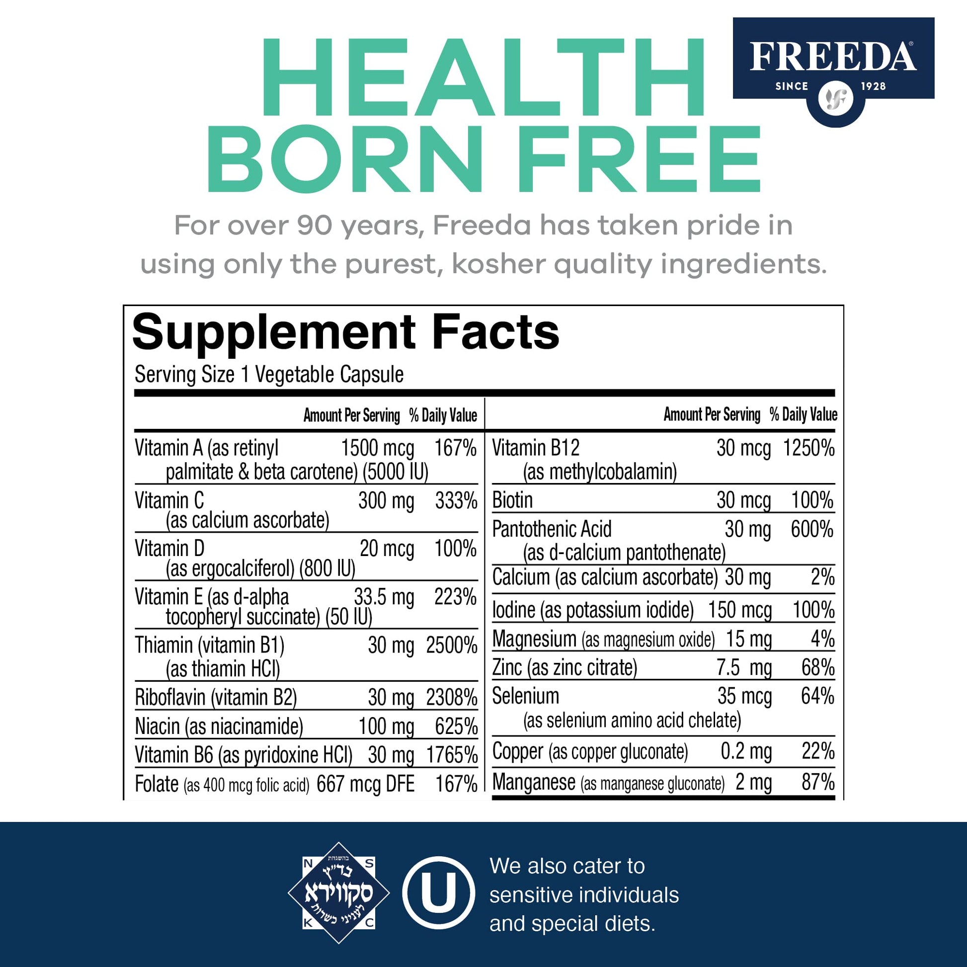 Tabla de suplementos de multivitamina FREEDA Quintabs-M