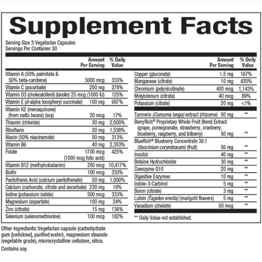 Tabla de suplementos y contenido nutricional de MultiFactors