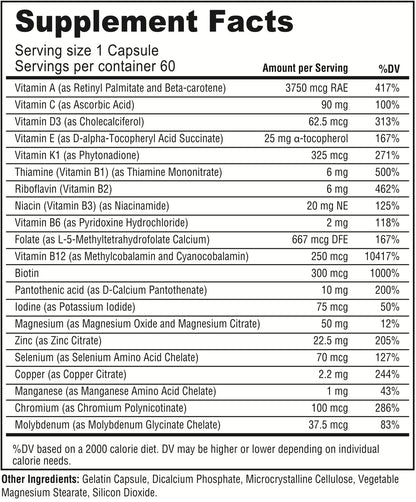 Tabla de suplementos multivitaminas AdeK para salud bariátrica.