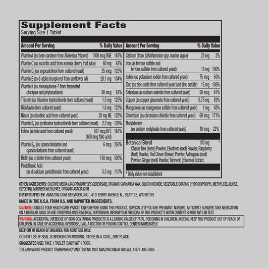 Tabla de suplementos multivitaminas Amazon.