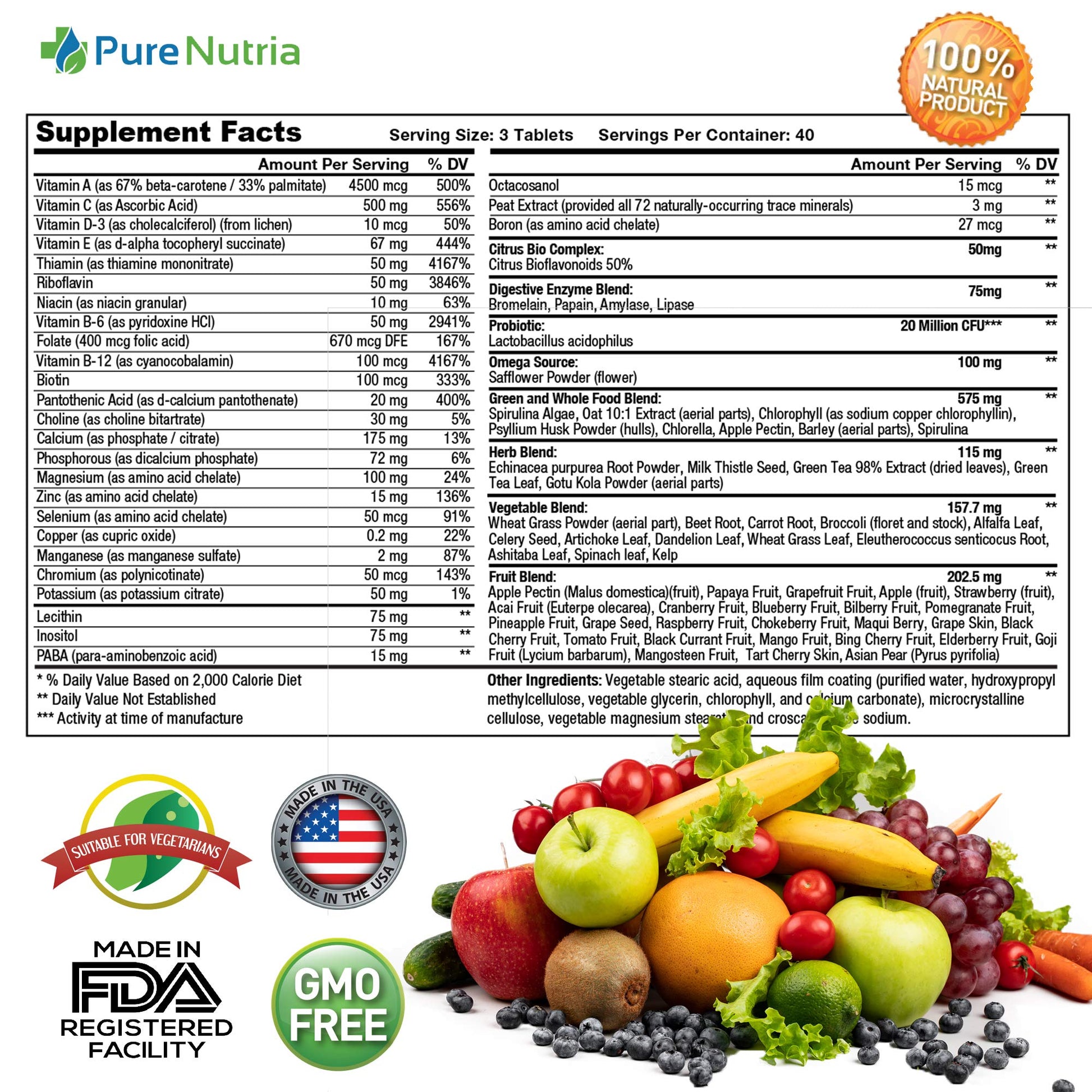 Tabla de suplementos multivitamínico PureNutria