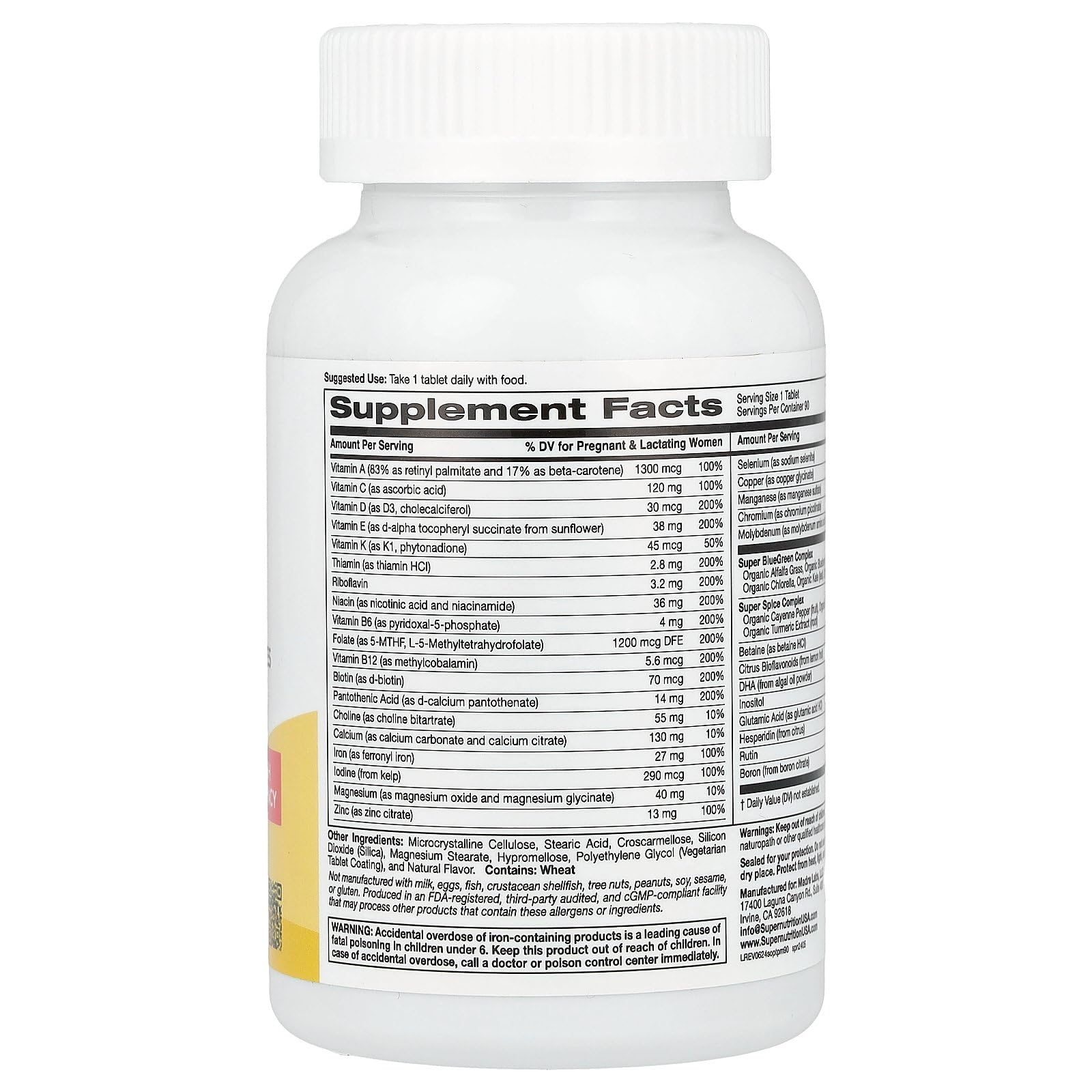 Tabla de suplementos multivitamínico prenatal Simply One