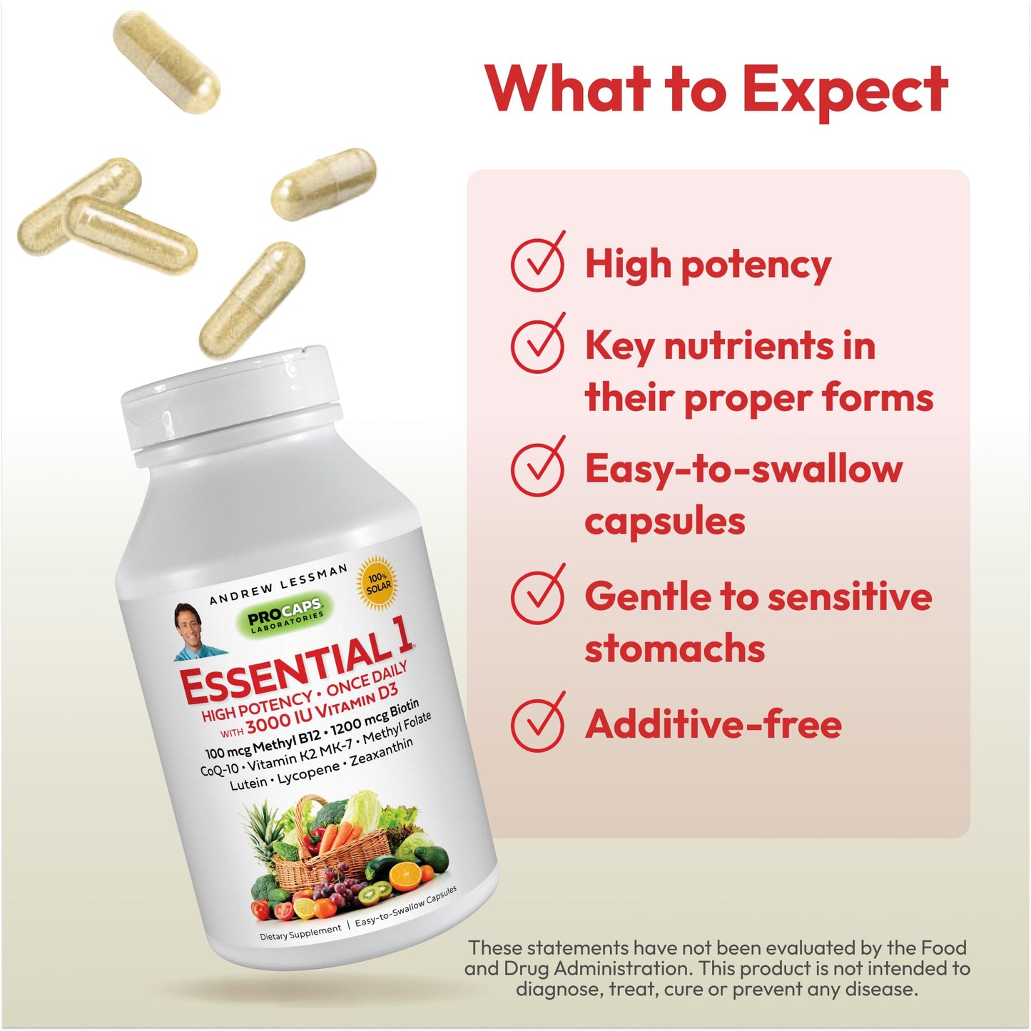 Tabla de suplementos y valores de vitaminas del multivitamínico Essential-1