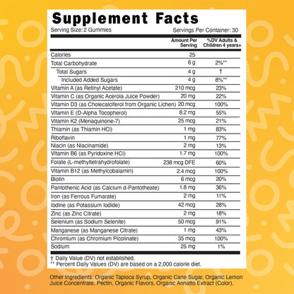 Tabla de valores nutricionales de gomas multivitamínicas.