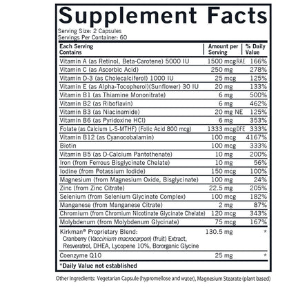 Tabla de valores nutricionales del multivitamínico para mujeres.
