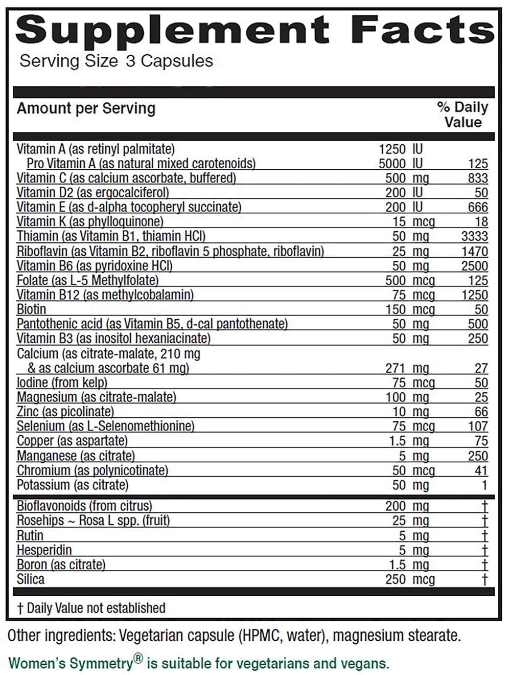 tabla de valores nutricionales de Women's Symmetry