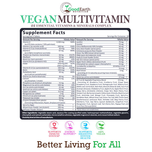 Tabla de contenido de vitaminas y minerales del suplemento vegano