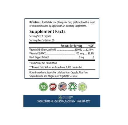 Tablas nutricionales del suplemento D3+K2 PURE