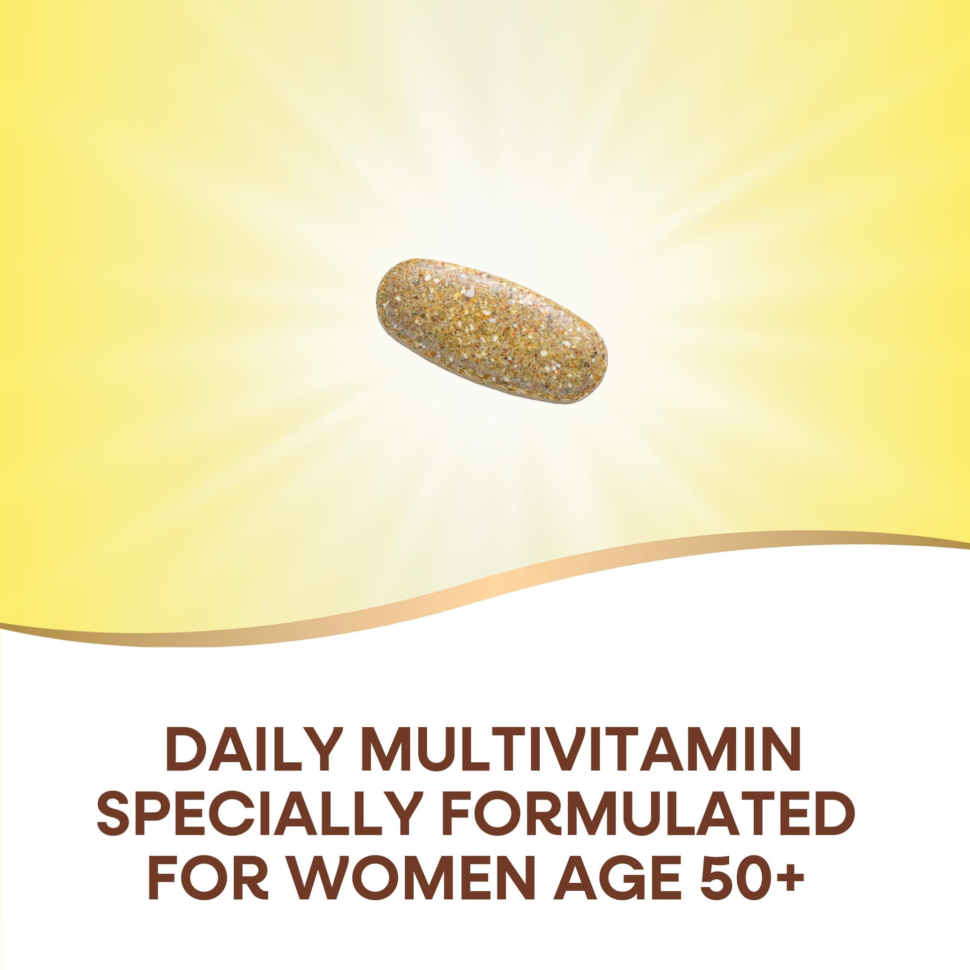 Tableta de multivitaminas brillando en un fondo amarillo.