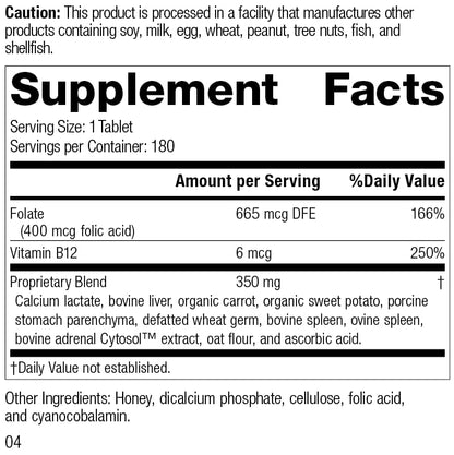 Tabletas ácido fólico y B12 Standard Process apoyo salud nerviosa