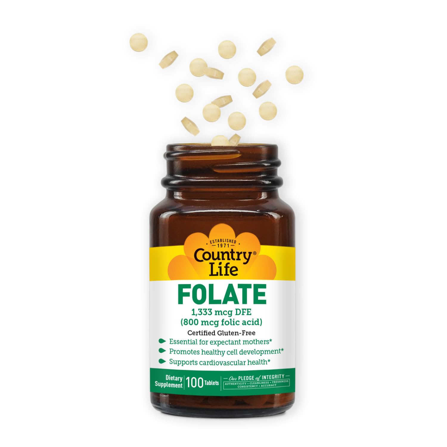 Tabletas de ácido fólico Country Life 800 mcg para vegetarianos