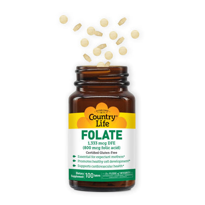 Tabletas de ácido fólico Country Life 800 mcg para vegetarianos