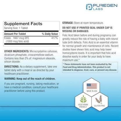 Tabletas de ácido fólico Puregen Labs 1000 mcg paquete
