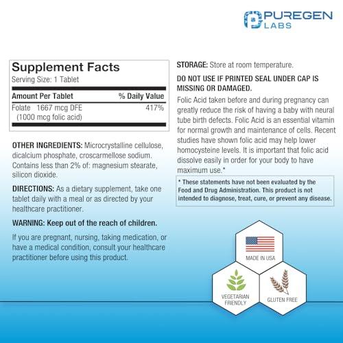 Tabletas de ácido fólico Puregen Labs 1000 mcg paquete