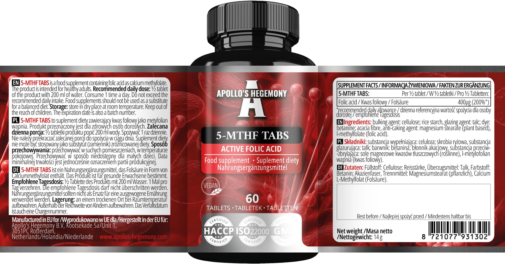 Tabletas APOLLO'S HEGEMONY 5-MTHF suplemento L-metilfolato