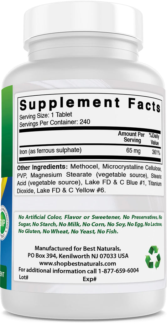 Tabletas Best Naturals hierro 65 mg y vitamina B12 envase grande