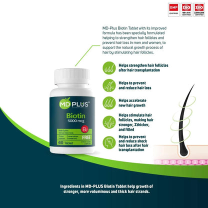 Tabletas biotina MD Plus 5000 mcg para fortalecer el cabello
