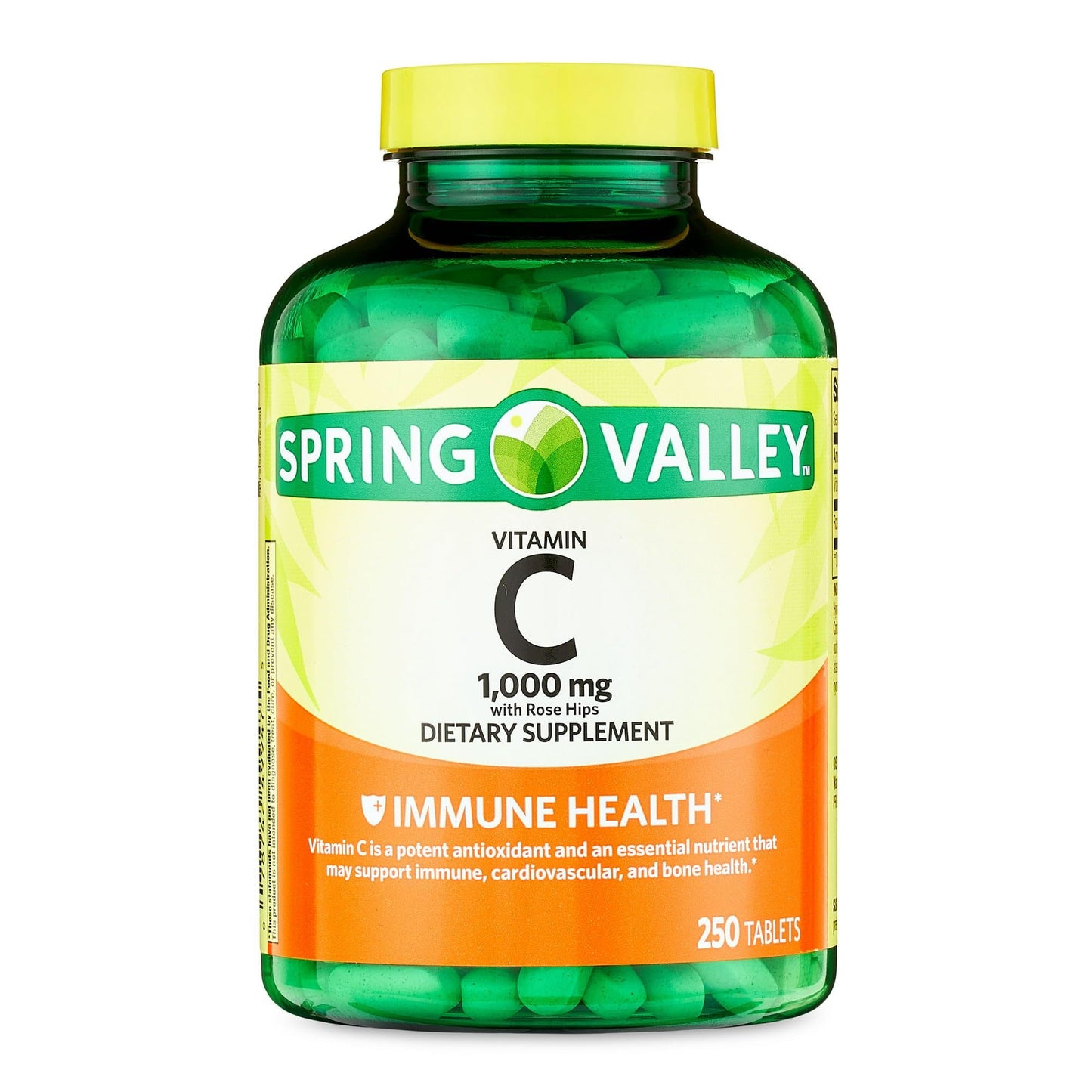 Tabletas sobre fondo de caja Spring Valley Vitamina C