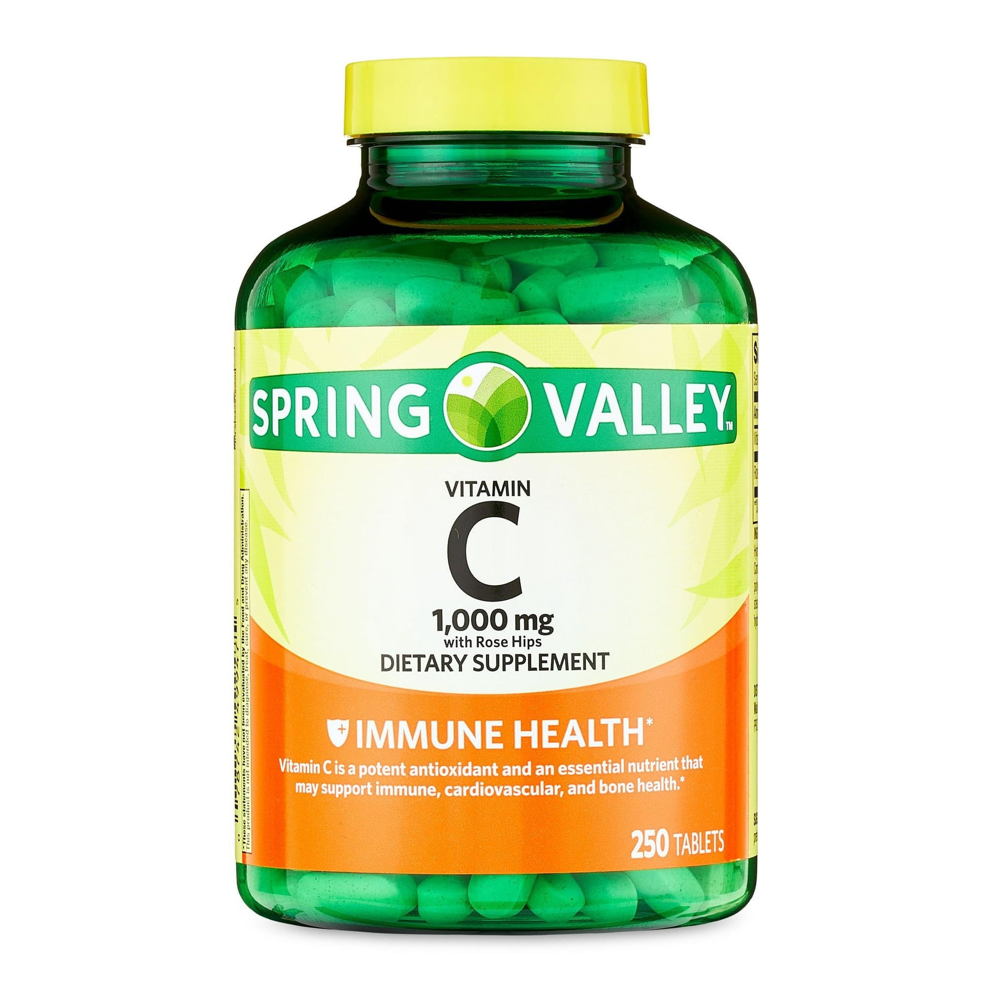 Tabletas sobre fondo de caja Spring Valley Vitamina C