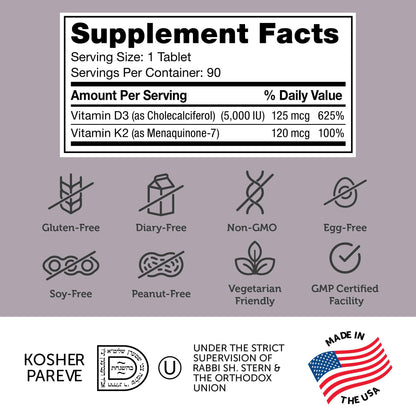 Tabletas certificadas kosher Zahler vitamina D3 y K2 5000 UI