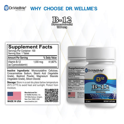 Tabletas Dr.WellMe B-12 alta potencia 1000 mcg
