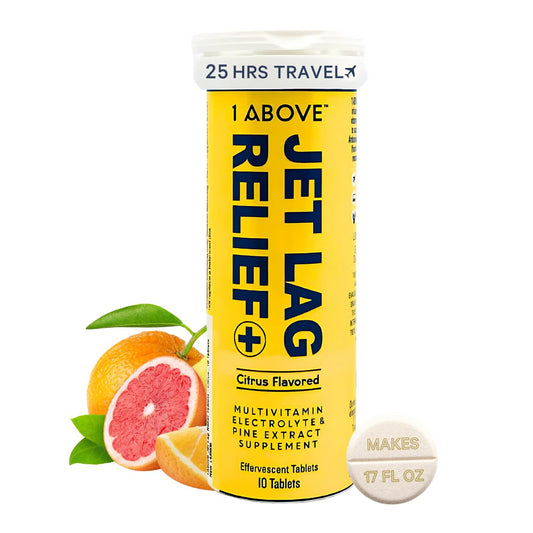 tabletas efervescentes 1ABOVE Jet Lag Relief sabor cítrico
