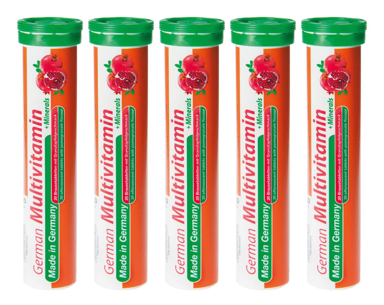 Tabletas efervescentes multivitamínicas alemanas en envase colorido