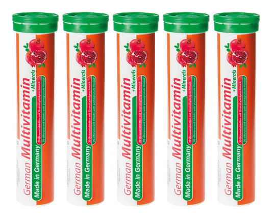 Tabletas efervescentes multivitamínicas alemanas en envase colorido