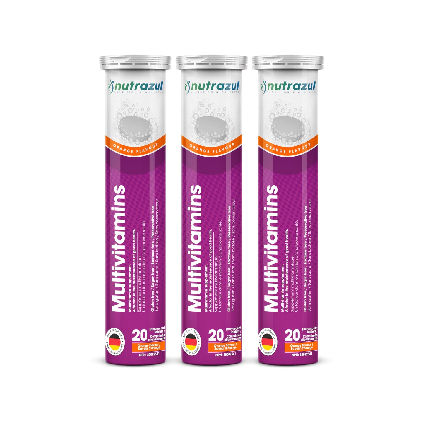 Tabletas efervescentes multivitamínicas nutrazul en empaque.