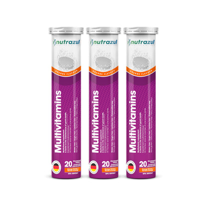 Tabletas efervescentes multivitamínicas nutrazul en empaque.