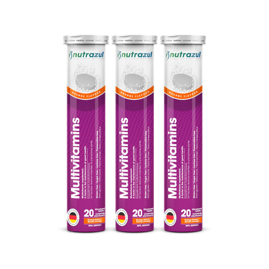 Tabletas efervescentes multivitamínicas nutrazul en empaque.