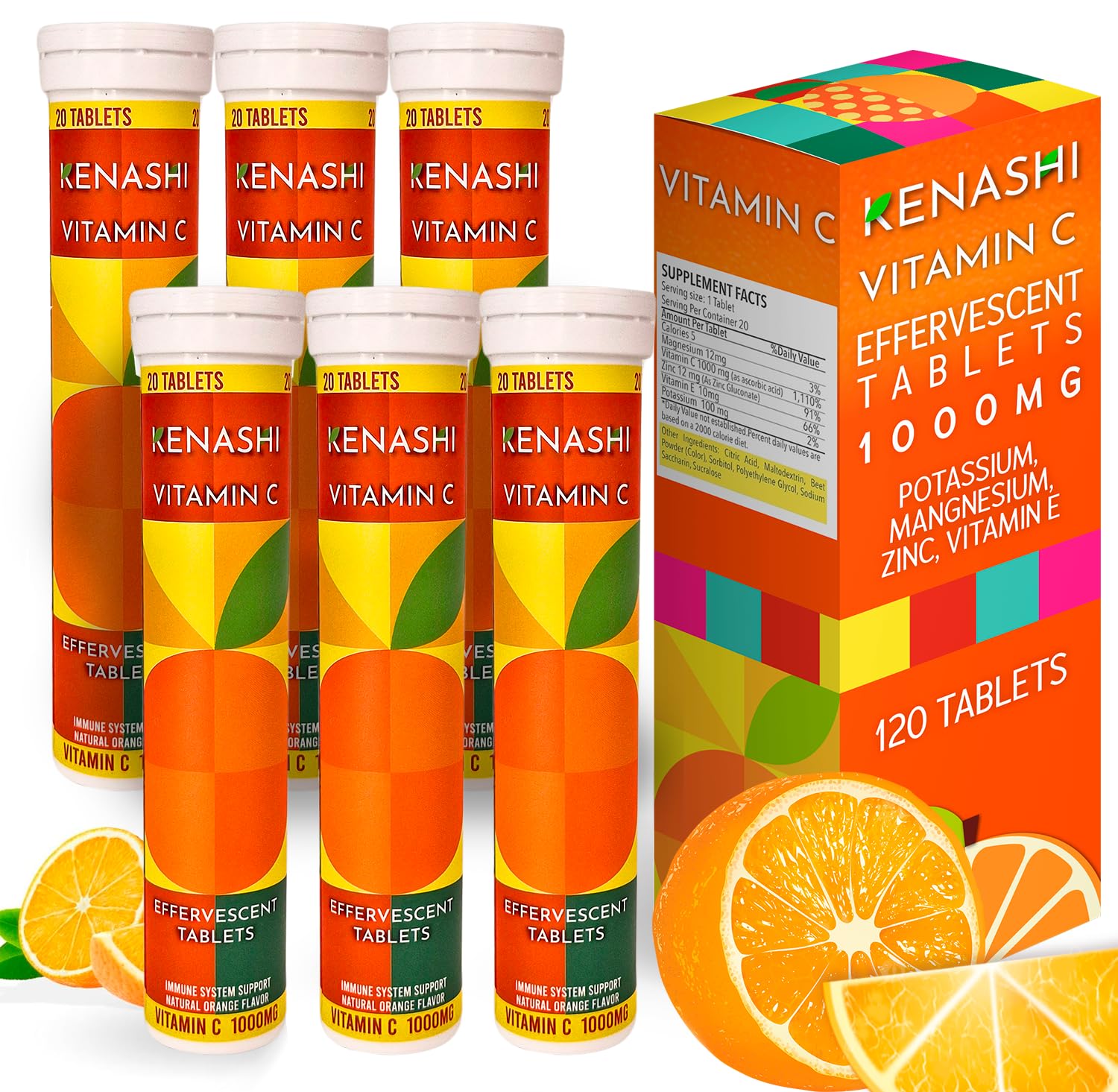 Tabletas efervescentes vitamina C 1000mg Kenashi con zinc