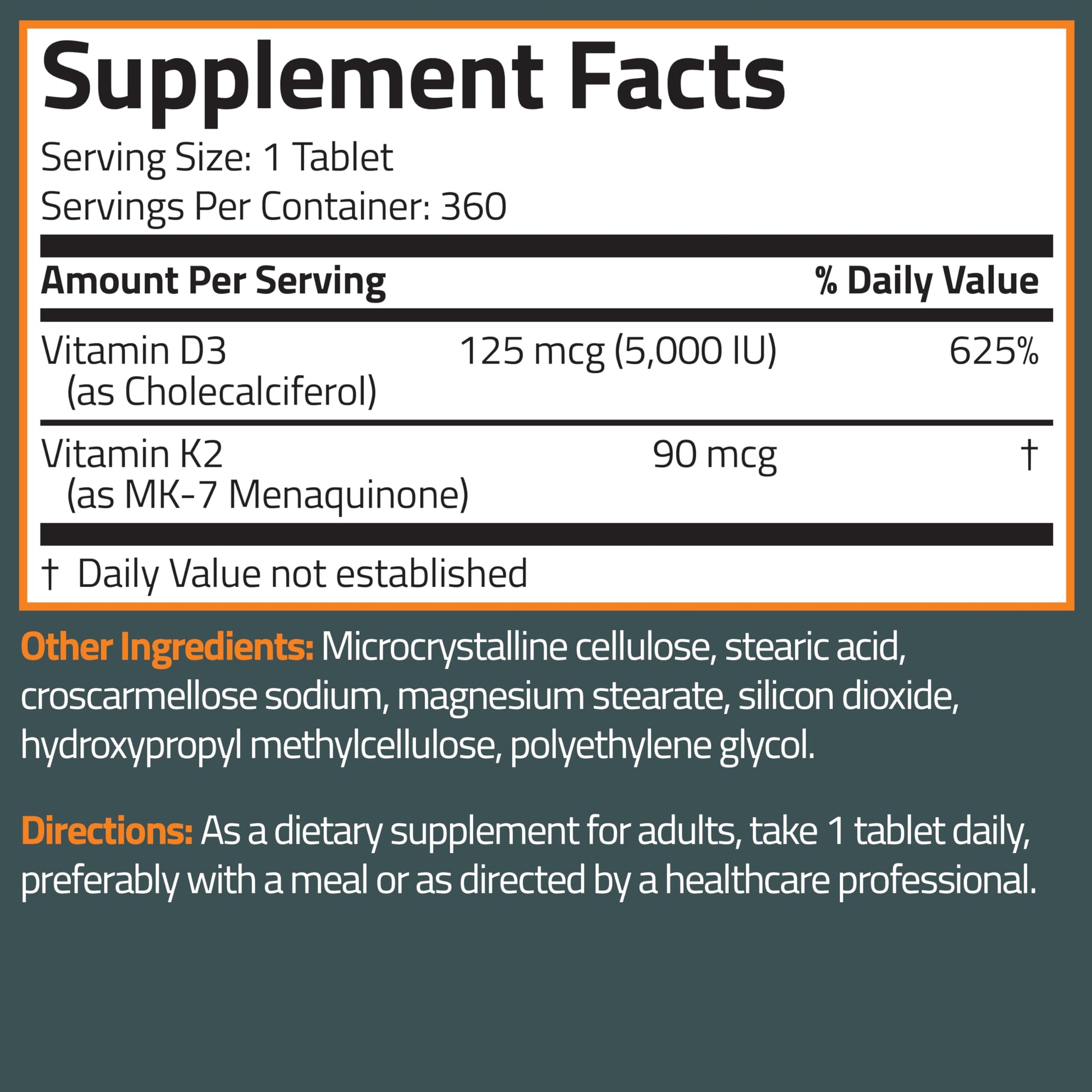 Tabletas fáciles de tragar Bronson vitamina K2 y D3 360 unidades