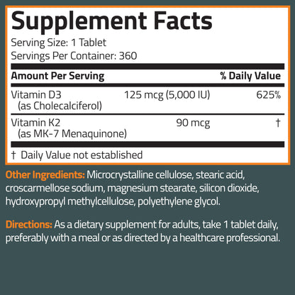 Tabletas fáciles de tragar Bronson vitamina K2 y D3 360 unidades